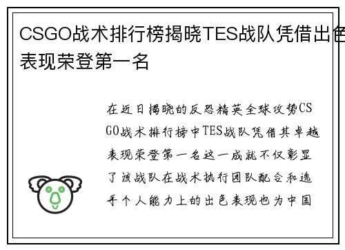 CSGO战术排行榜揭晓TES战队凭借出色表现荣登第一名
