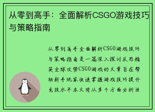 从零到高手：全面解析CSGO游戏技巧与策略指南